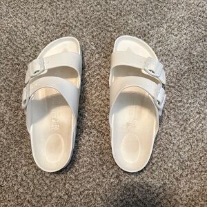 White Birkenstock Double-Buckle Slide Sandals